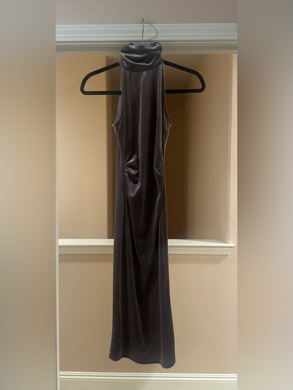 Women’s NUDE High Neck‎ Velour Purple Gray Bodycon Midi Party Cocktail Dress S.